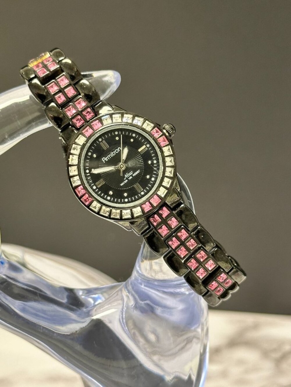 Armitron Watch Women Black Dial Pink Clear Crystal Bezel New Battery 6.5 Inch - Picture 2 of 10